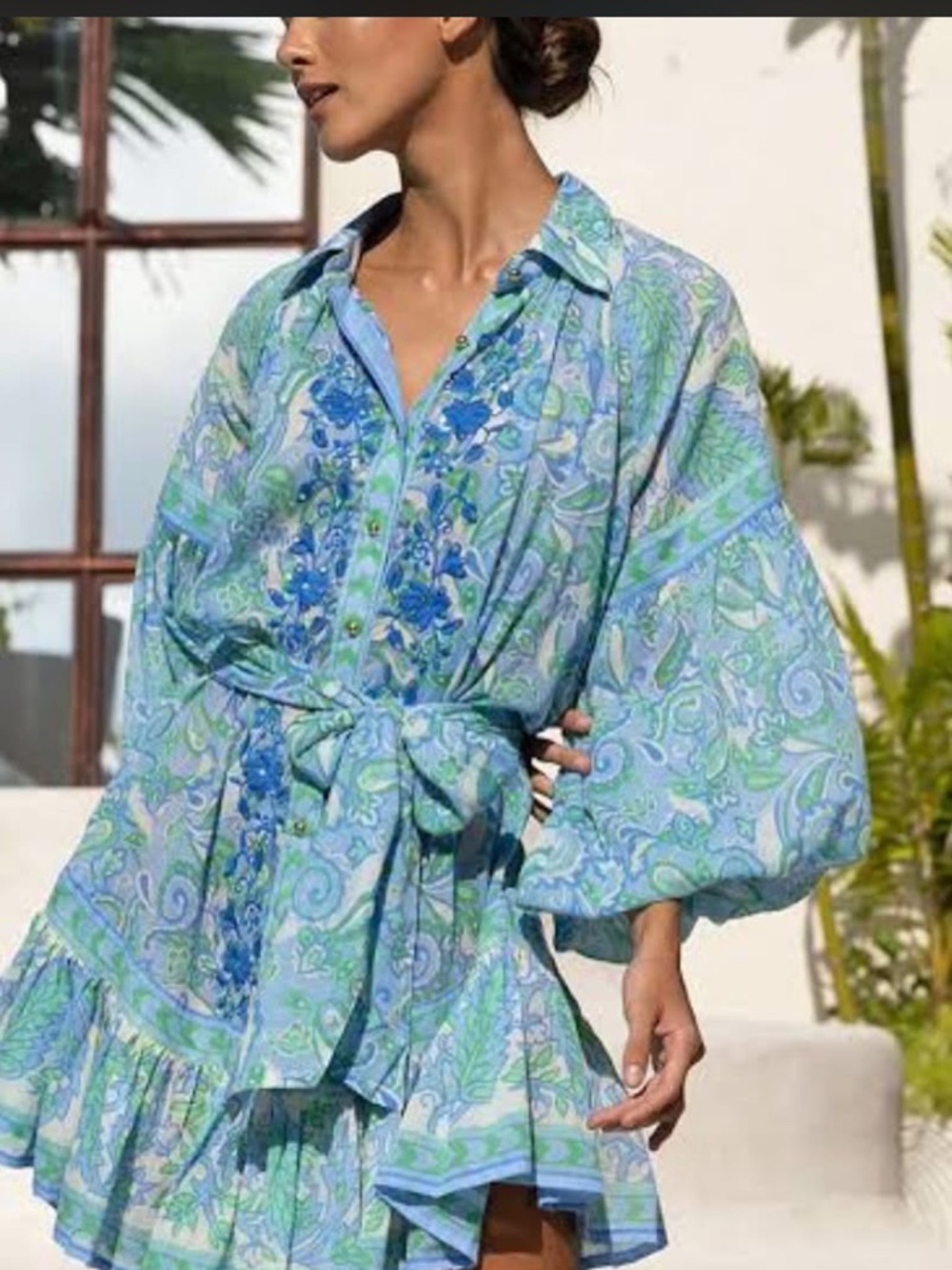 Blue Paisley Long Sleeve Tie-Waist Dress